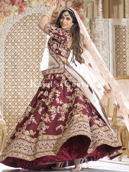 Burgundy & Blush Floral Bridal Lehenga - Couture Collection