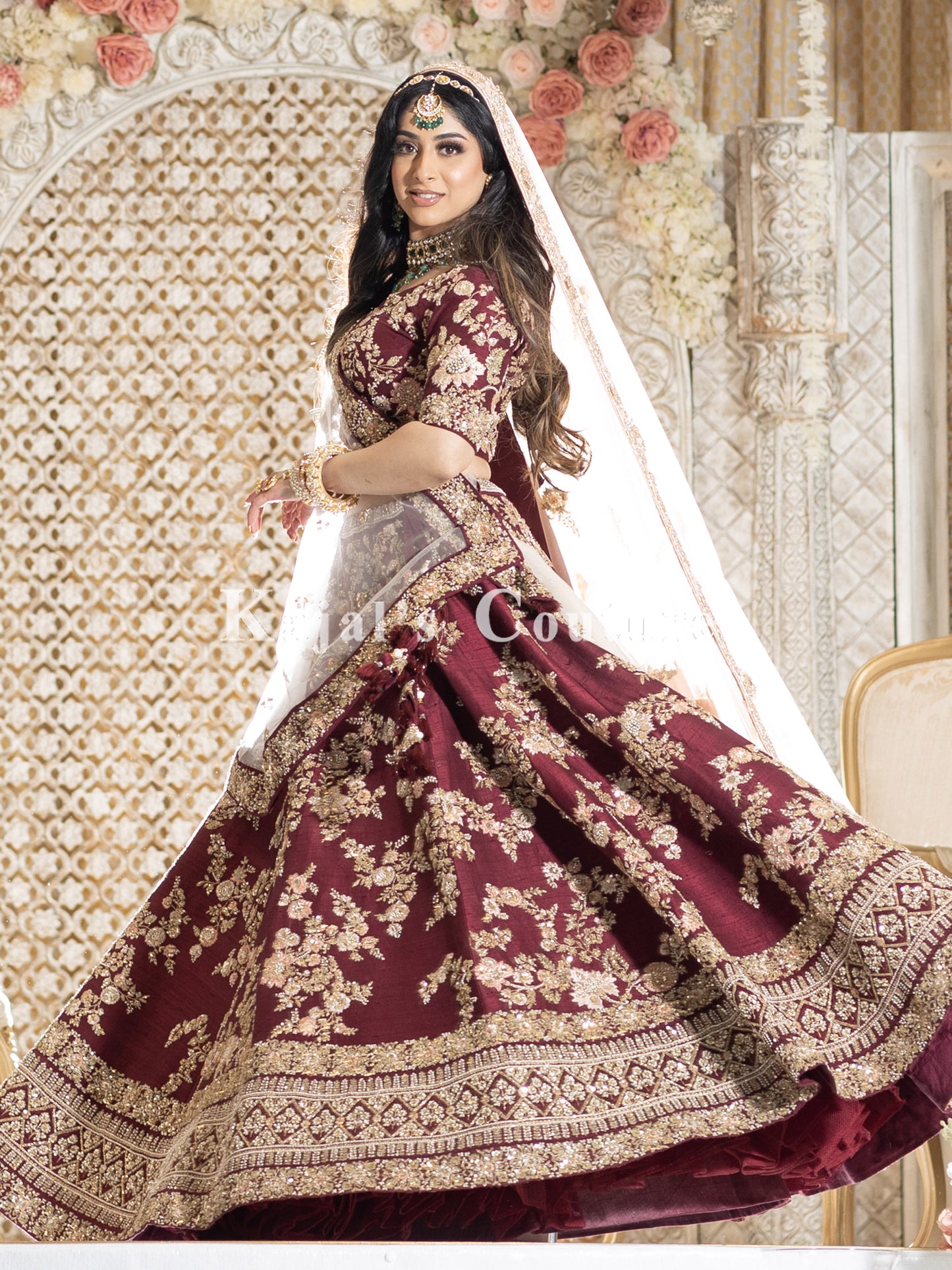 Burgundy & Blush Floral Bridal Lehenga - Couture Collection Kajal's Couture Burgundy & Blush Floral Bridal Lehenga - Couture Collection Kajal's Couture