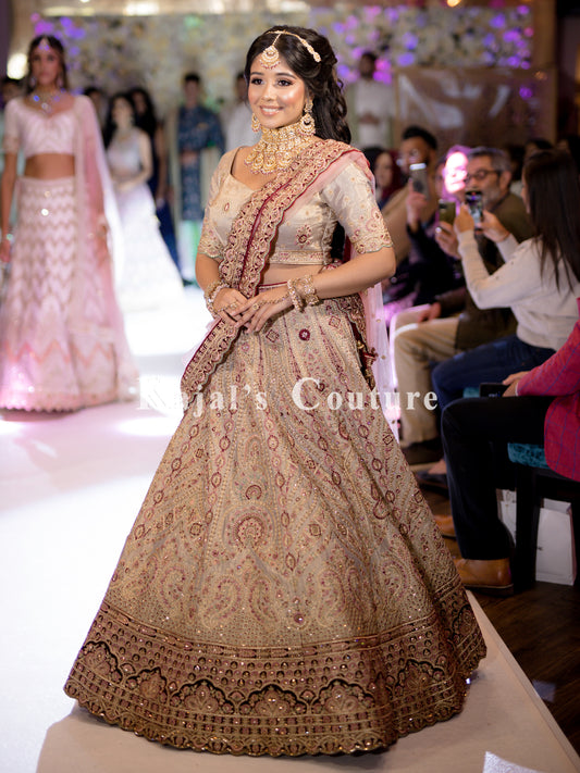 Taupe & Maroon Inricate Embroidery Lehenga