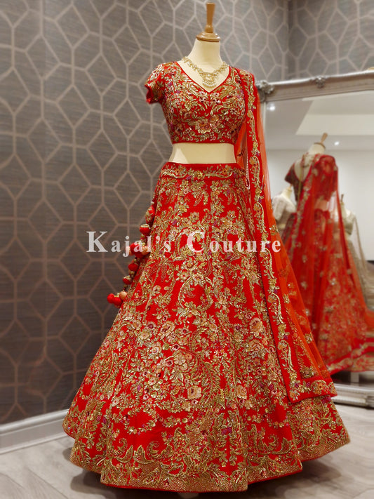 Orange/Red Sequin Floral Heavy Lehenga - Couture Collection