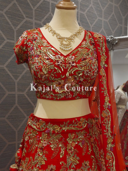 Orange/Red Sequin Floral Heavy Lehenga - Couture Collection