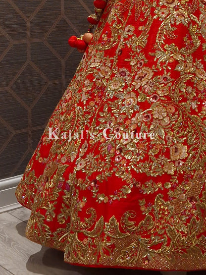 Orange/Red Sequin Floral Heavy Lehenga - Couture Collection