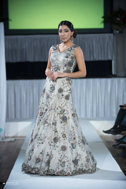 Grey Crystal Embroidered Gown