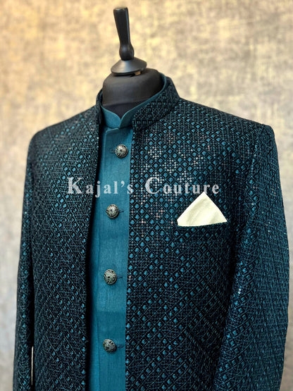 Dark Green Velvet Nawabi Jacket Set